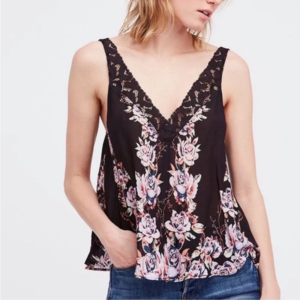 Free people intimately free morning rose floral Tank top black lace trim pink